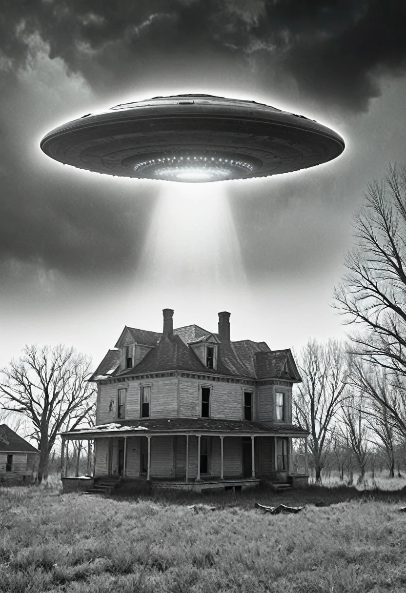 1900s photo,black and white,old,worn,damaged,house in kansas,huge ufo over roof,multiple views,cinematic photography,cinematic portrait,cinematic lighting,photorealistic,old worn photo,historic,antique,vintage,dramatic lighting,moody,atmospheric,eerie,mysterious,surreal,otherworldly,glowing ufo,detailed ufo,intricate ufo,sharp focus,hyperrealistic,masterpiece,ultra-detailed