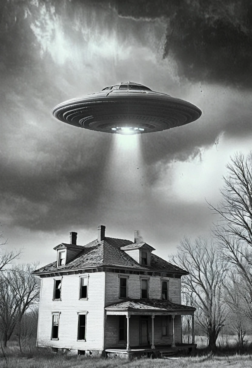 1900s photo,black and white,old,worn,damaged,house in kansas,huge ufo over roof,multiple views,cinematic photography,cinematic portrait,cinematic lighting,photorealistic,old worn photo,historic,antique,vintage,dramatic lighting,moody,atmospheric,eerie,mysterious,surreal,otherworldly,glowing ufo,detailed ufo,intricate ufo,sharp focus,hyperrealistic,masterpiece,ultra-detailed