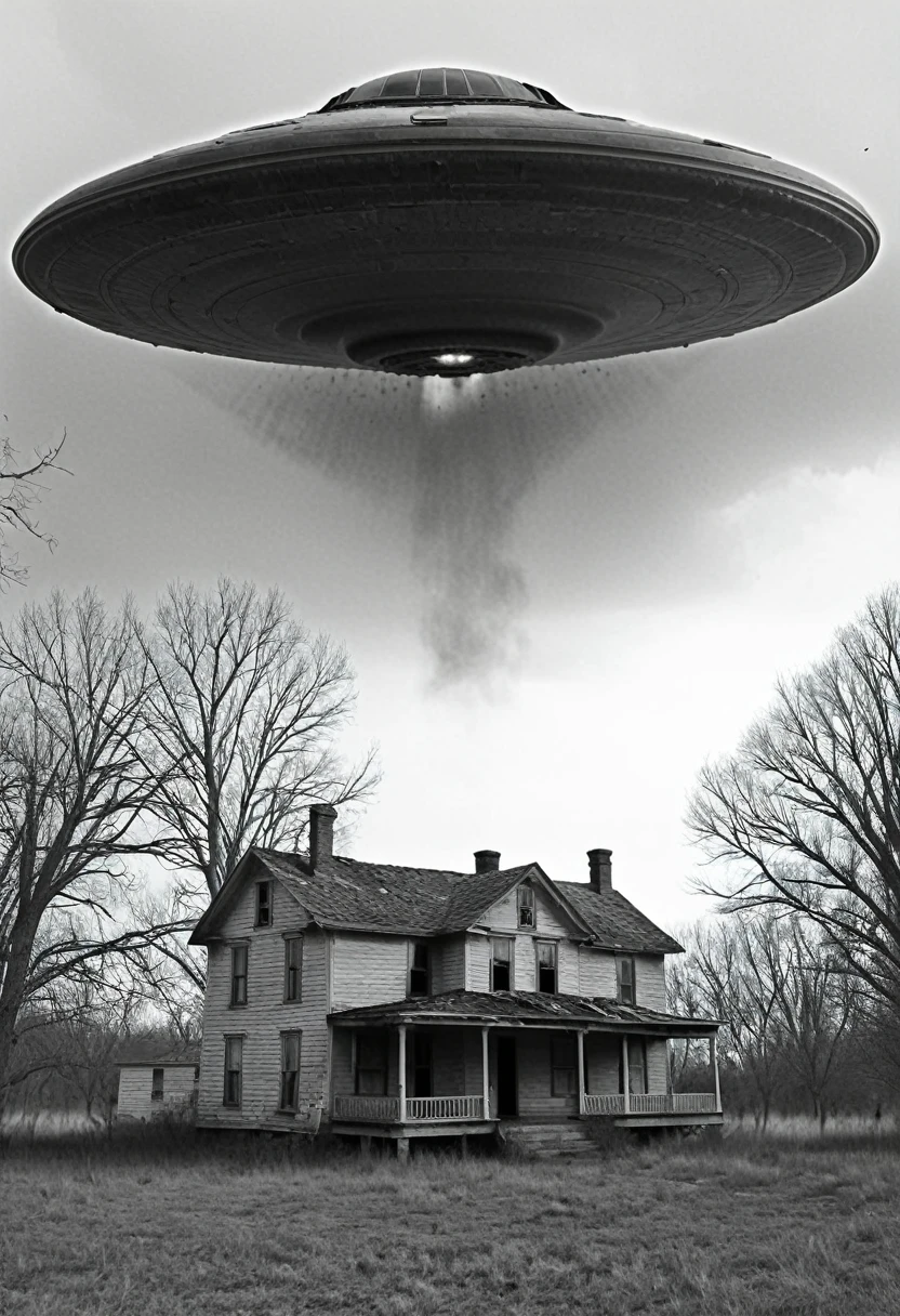 1900s photo,black and white,old,worn,damaged,house in kansas,huge ufo over roof,multiple views,cinematic photography,cinematic portrait,cinematic lighting,photorealistic,old worn photo,historic,antique,vintage,dramatic lighting,moody,atmospheric,eerie,mysterious,surreal,otherworldly,glowing ufo,detailed ufo,intricate ufo,sharp focus,hyperrealistic,masterpiece,ultra-detailed