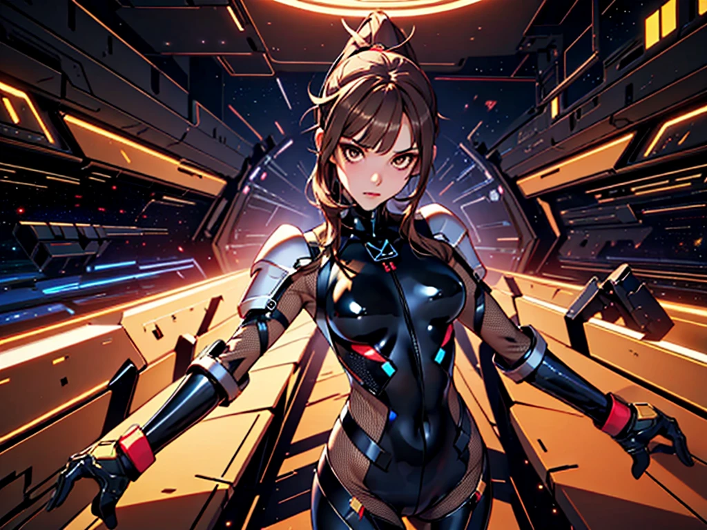 1girl, slender body, slim, extremely long ponytail, (dark brown hair), brown eyes, tan skin, ((ochre and black latex bodysuit)), (black armor), (((hexagonal mesh))), ((extremely glossy)), cyberwear, space background, starship interior, space cockpit
