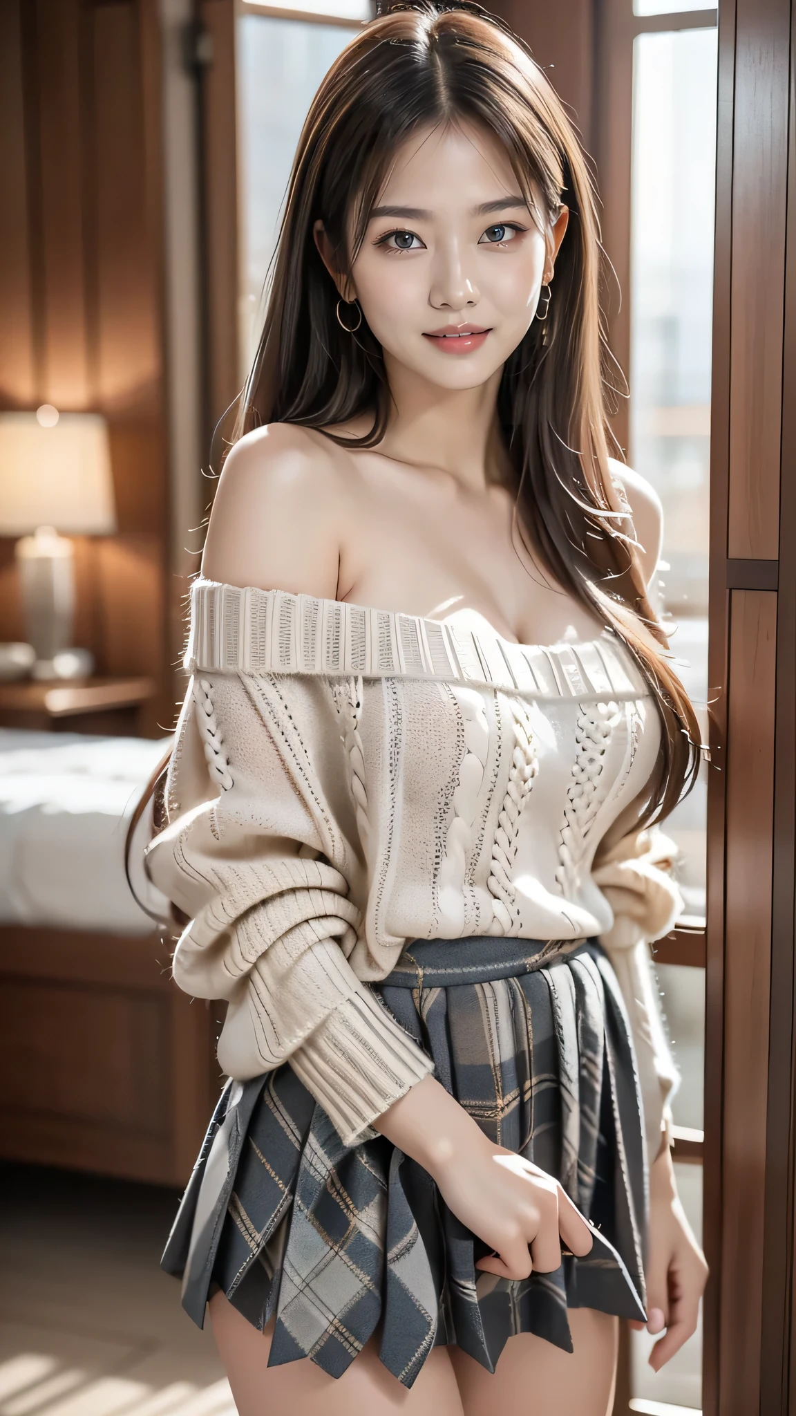 One beautiful girl, Very beautiful detailed face, Laugh shyly, Big Breasts,Deep valley), (Off-the-shoulder sweater, Oversized sweater:1.3), (Skirt flip), (Roll up the skirt yourself), (Flip up the skirt), (Gray Tartan Check Pleated Skirt Lift Yourself), (Lace panties, Showing panties), (Wind power increase), Skirt fluttering in the wind, Lift up your skirt, Semi-long hair, (Beautiful Face:1.2), high quality, Realistic, Very detailed CG synthesis 8k wallpaper, Very detailed, High-resolution RAW color photos, Professional photography, Realistic portrait, Cinematic Light, Beautiful details, Super detailed, Attention to detail, (((bokeh))), Depth of written boundary, Hotel room,Super stylish lighting,