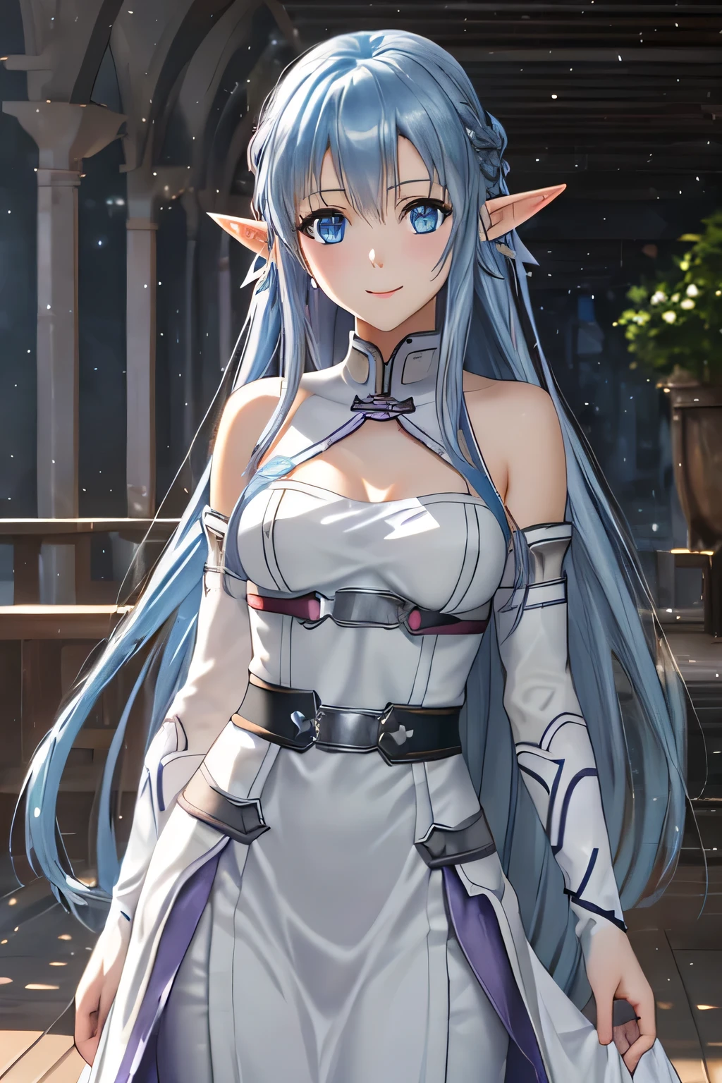 In the heart of the Love Live! universe, a 10-year-old chibi girl with extremely long, baby blue hair stands alone, blushing in embarrassment. Her anime face, packed with intricate details, is a picture of cuteness, with bright, sparkling eyes and a pink tint on her cheeks. Her body, best depicted in the highest quality, is bottomless, showcasing her small breasts and shining, smooth skin. Dressed in the best anime art, she remains still, absorbed in her own world.