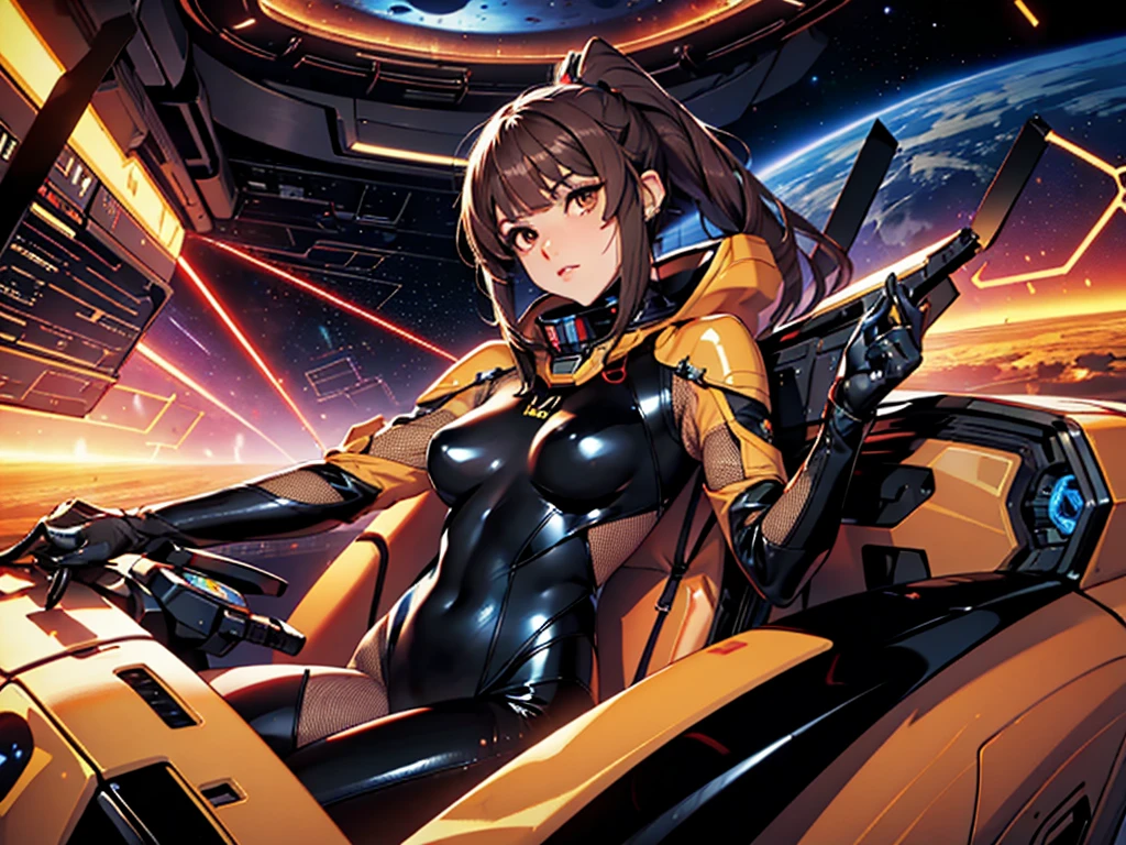 1girl, slender body, slim, extremely long ponytail, (dark brown hair), brown eyes, tan skin, ((ochre and black latex bodysuit)), (black armor), (((hexagonal mesh))), ((extremely glossy)), cyberwear, space background, starship interior, space cockpit
