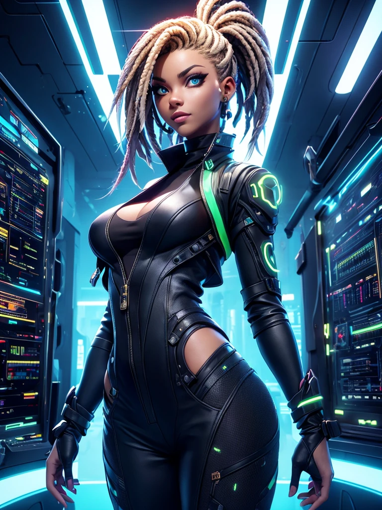 (32K, Best quality, Masterpiece: 1, 2), (Realistic, photograph realistic: 1,37), Top quality, Masterpiece, curvy black woman upper body photo (Photo realistic),A cyberpunk curvy black woman with green eyes and shiny blue hair stands against a backdrop of a futuristic cityscape. She wears a sleek, metallic blue bodysuit that shimmers under the neon lights. The city behind her is a blend of towering skyscrapers and neon signs, pulsating with vibrant colors