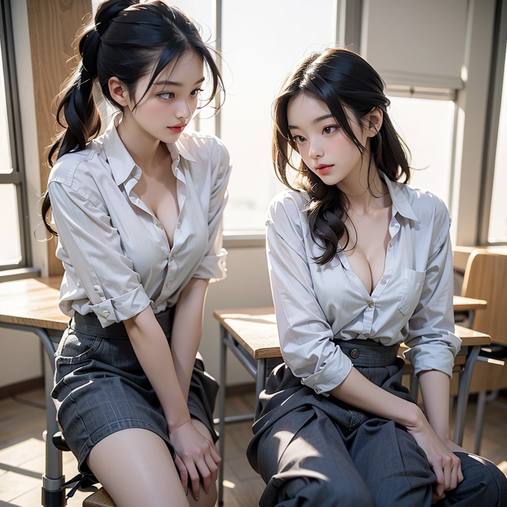 Yellow-haired girl and black-haired girl both couple, girlfriends, lesbian couple