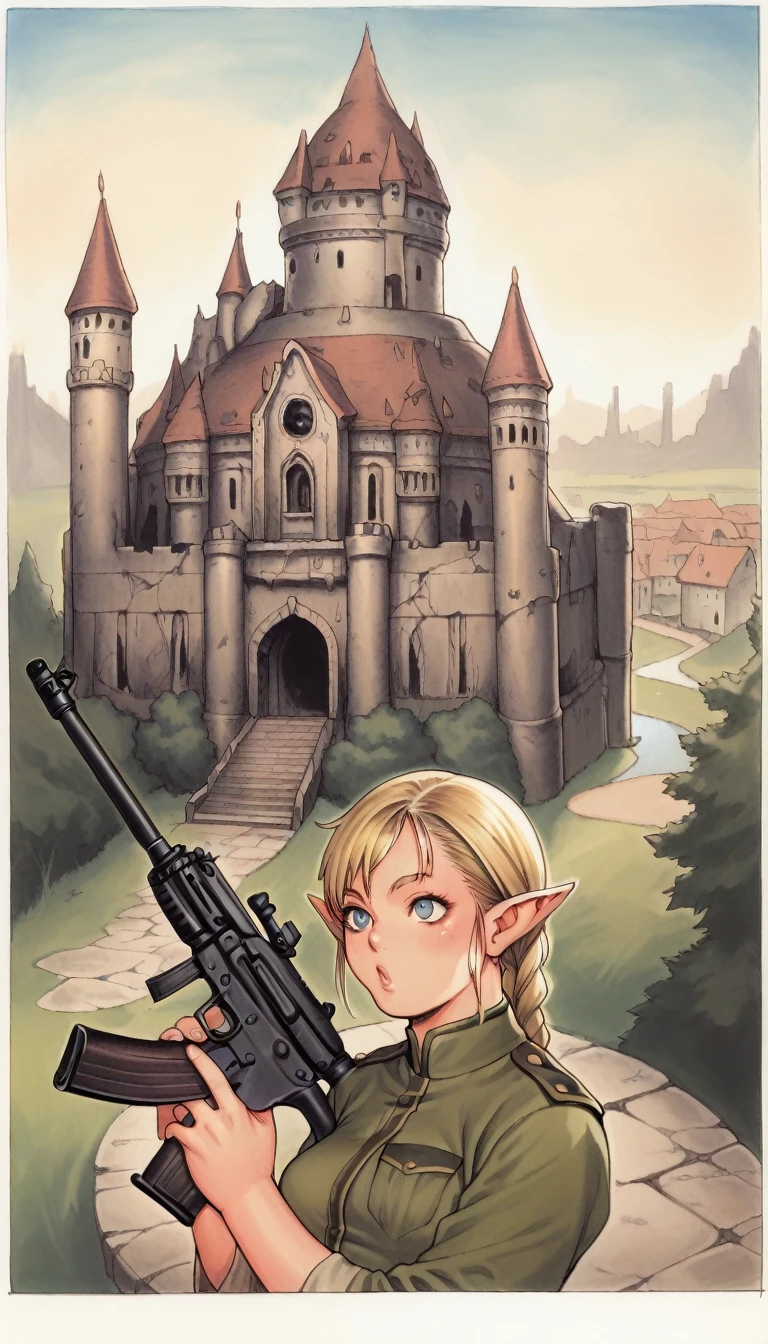 score_9, score_8_up, score_7_up, score_6_up, source_anime, 1girl, elf, BREAK
blonde hair, braid, pointy ears, 
medium breasts, military uniform, assault rifle, BREAK
ancient castle, night, city, ruins, orc, goblin, goblins,
