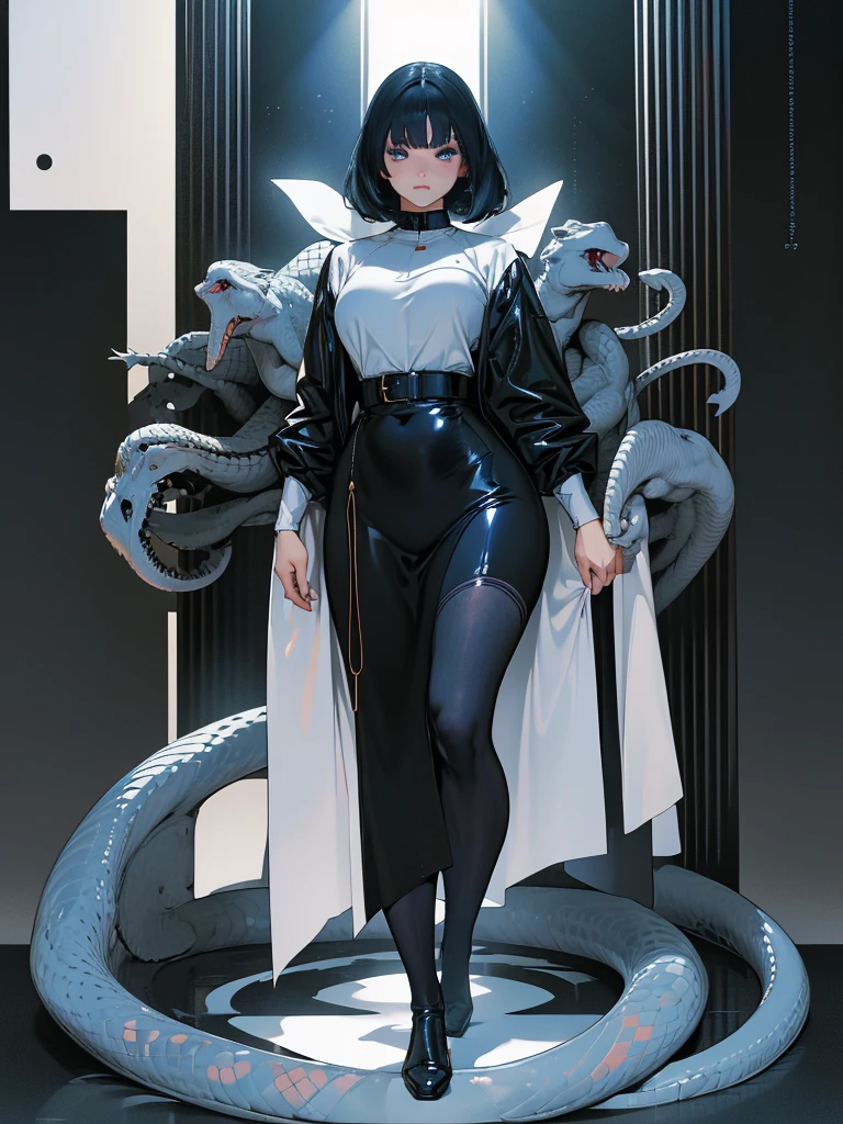 (best lighting) (best quality, masterpiece:1.2), illustration by hajime sorayama, perfect body, hyperfeminine curves, (detailed eyes), (detailed face), femme fatale, woman, short black hair, bangs, blue eyes, curvy,, high fashion, latex, long socks, solo, cinematic, surrounded by white snakes