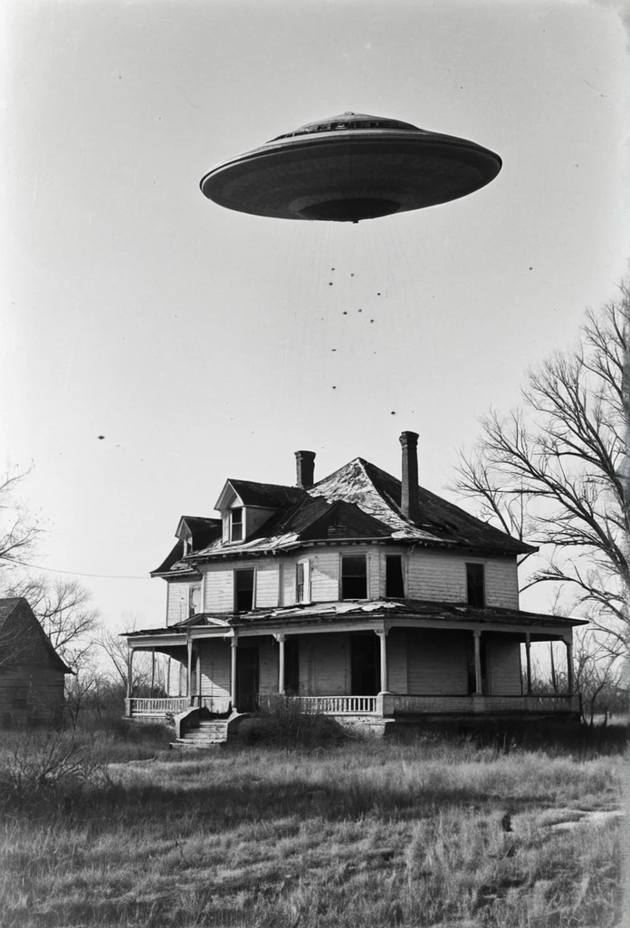 1900s photo black and white old and worn, damaged.  A Old worn photo  of a house in Kansas and several enormous UFOs hovering  over the roof of the home.multi0le views. Cinematic photography, cinematic portrait, cinematic lighting, photorealistic,  old worn photo