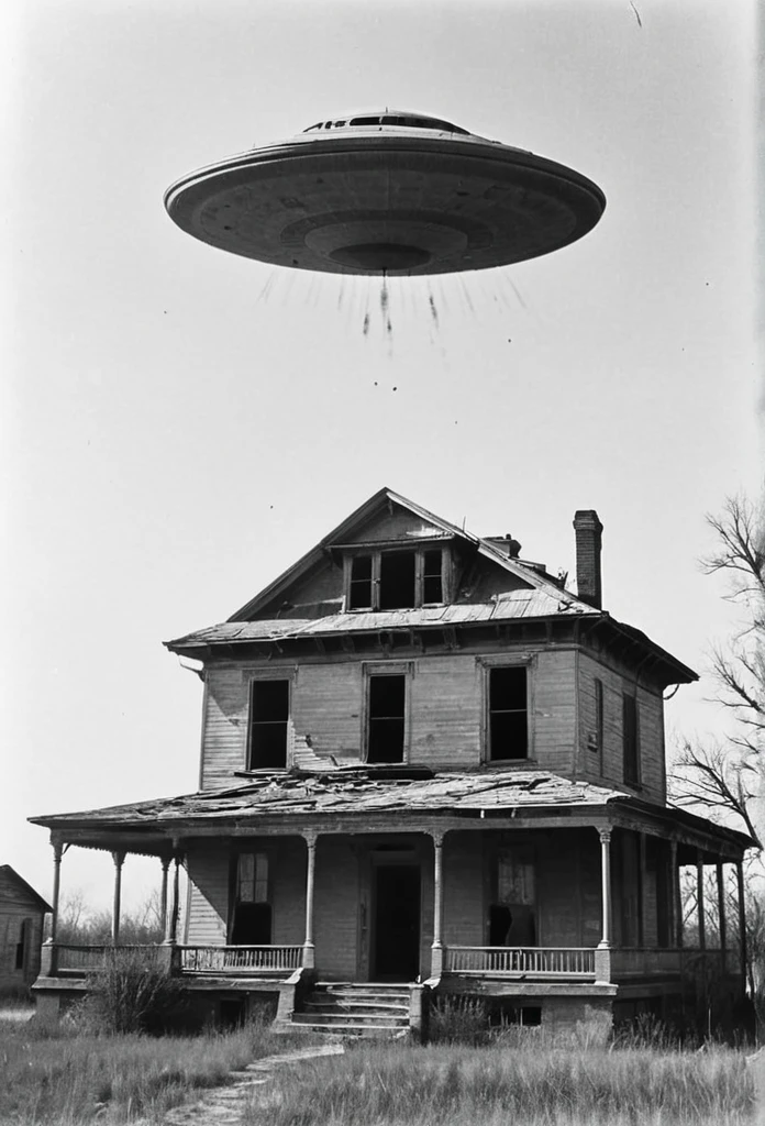 1900s photo black and white old and worn, damaged.  A Old worn photo  of a house in Kansas and several enormous UFOs hovering  over the roof of the home.multi0le views. Cinematic photography, cinematic portrait, cinematic lighting, photorealistic,  old worn photo