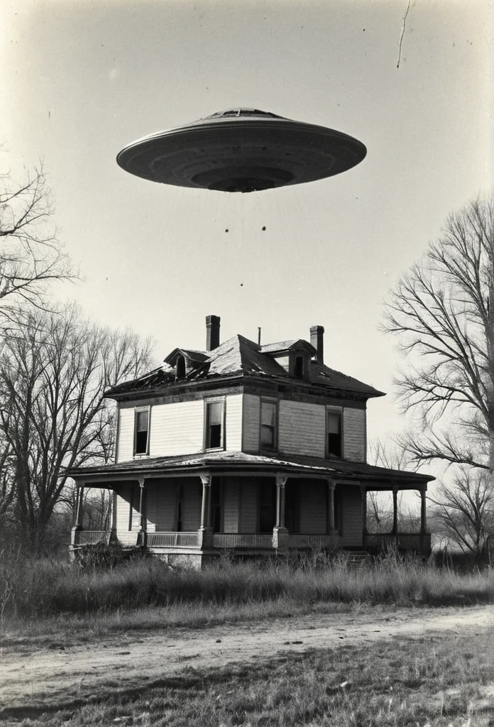 1900s photo black and white old and worn, damaged.  A Old worn photo  of a house in Kansas and several enormous UFOs hovering  over the roof of the home.multi0le views. Cinematic photography, cinematic portrait, cinematic lighting, photorealistic,  old worn photo