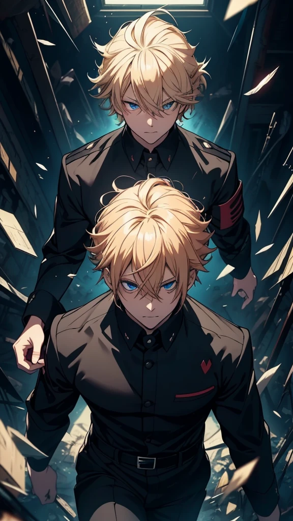 (high-quality, breathtaking),(expressive eyes, perfect face) 1boy, male, solo, ager, satoru gojo hairstyle, strawberry blonde hair color, flowy floating hair, bright blue eye color, short hair length, looking at viewer, half body, crazy smile, dark black blue long sleeved shirt, collared shirt, ((dark black blue dress pants)), jujutsu kaisen uniform, jujutsu high school uniform, flowy hair, yandere face, portrait, stylized hairstyle, (Activating domain expansion), (floating hair), character focus, ((black light)),((dark lighting)), cinematic lighting ,(darkness), (concept art), (glowing eyes), high resolution, extremely detailed CG unity 8k wallpaper, ((masterpiece)), ((top-quality)), (beautiful illustration), (sky scrapper windows background), (busting out of a skyscrapper background) (In the sky background) (breaking glass background), (glass shards flying towards camera) (Falling upside-down pose)