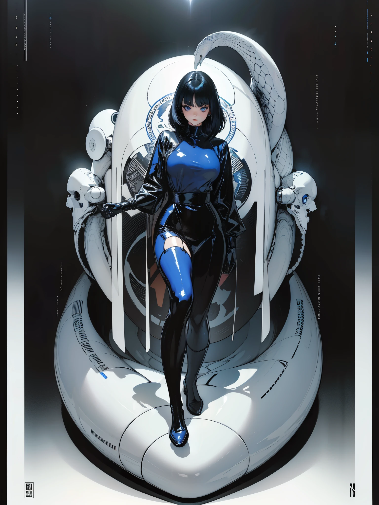 (best lighting) (best quality, masterpiece:1.2), illustration by hajime sorayama, perfect body, hyperfeminine curves, (detailed eyes), (detailed face), femme fatale, woman, short black hair, bangs, blue eyes, curvy,, high fashion, latex, long socks, solo, cinematic, surrounded by white snakes