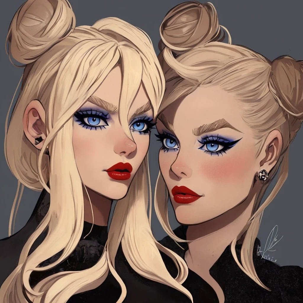 an eye contact of a blond with bun hair and dark theme, a portrait of a blonde woman , ((abliss)) Makeup aesthetics Babe lips Blue eyes Red lips Sexy, My eyebrows are dark, 