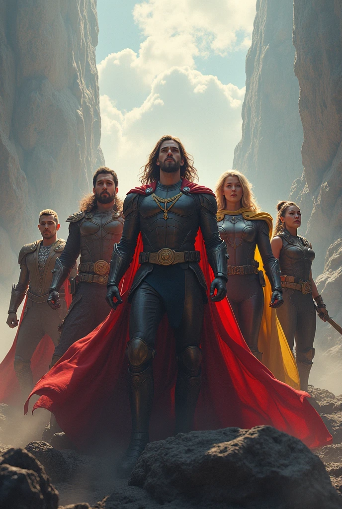 Loki cast out from asgard by odin. his siblings , thor god of thunder with blue aura and scarlet witch goddess of magic with red aura stand beside odin throne and mourn for his little brother exile