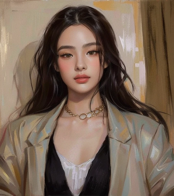 a close up of a woman with a jacket and a necklace and golden cian eyes, realistic art style, artwork in the style of guweiz, realistic artstyle, in the art style of bowater, 🤤 girl portrait, inspired by Yanjun Cheng, kawaii realistic portrait, realistic. cheng yi, realistic anime art style, realistic anime artstyle, ig model | artgerm, big breath