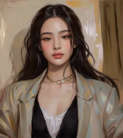 a close up of a woman with a jacket and a necklace and golden cian eyes, realistic art style, artwork in the style of guweiz, re...