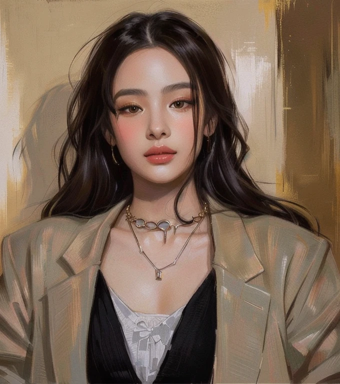 a close up of a woman with a jacket and a necklace and golden cian eyes, realistic art style, artwork in the style of guweiz, realistic artstyle, in the art style of bowater, 🤤 girl portrait, inspired by Yanjun Cheng, kawaii realistic portrait, realistic. cheng yi, realistic anime art style, realistic anime artstyle, ig model | artgerm, big breath