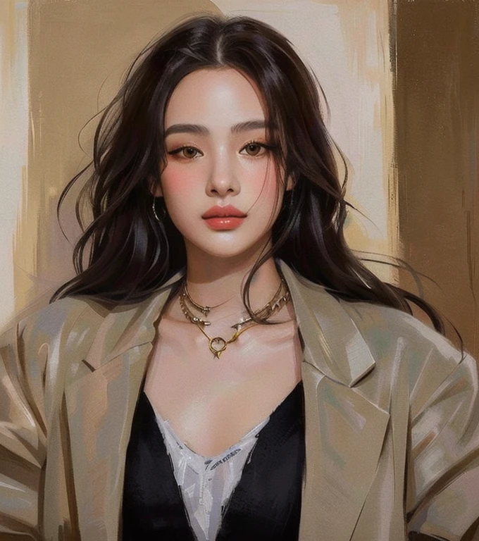 a close up of a woman with a jacket and a necklace and golden cian eyes, realistic art style, artwork in the style of guweiz, realistic artstyle, in the art style of bowater, 🤤 girl portrait, inspired by Yanjun Cheng, kawaii realistic portrait, realistic. cheng yi, realistic anime art style, realistic anime artstyle, ig model | artgerm, big breath