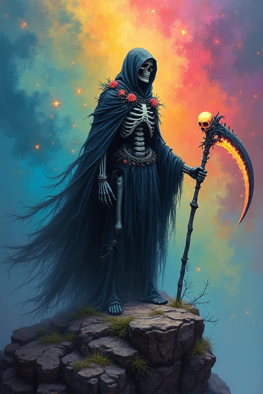 A guy dressed as death in hell, with a crystal ball with a dying person in the right hand, and a black scythe with a sharp gray blade in his left hand