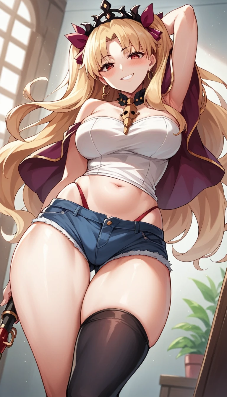 sensual, ((medium long wavy blonde hair)), thick thighs, 8k, 4k, highest quality, High resolution:1.2), cute anime face, noise reduction, ((shining blue eyes, gentle smile, kind eyes))、toned abdominal muscles, muscular arms, muscular legs, young face, anime eyes, (((big breasts、A chest that is about to burst)))、(((SFW huge body)))、(((Rear view、I&#39;I&#39;I&#39;ll turn around、emphasize the buttocks、Sloan digs into his ass)))、(((white throne)))、(((lean forward and stick out your butt)))
