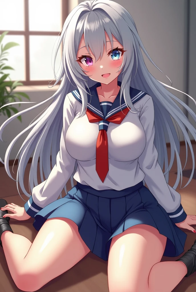 fang, 1girl, silver hair, twin tail, (heterochromia,red eye, blue eye), Huge breasts, hanging breasted, huge-breasted, sailor uniform, bare nipples, bra aside, panties aside, Looking at Viewer, Smile, skyporn, locker room, From  above, Nipple Tweaking, Areola, big areolae,  puffy nipples, nipples through, (spoken heart), (((cum in mouth, cum in pussy, cum on body, cum on breasts, cum on hair, excessive cum, pussy cum))), ((best quality)), spread legs, sit, (oral invitation), (finger to mouth)