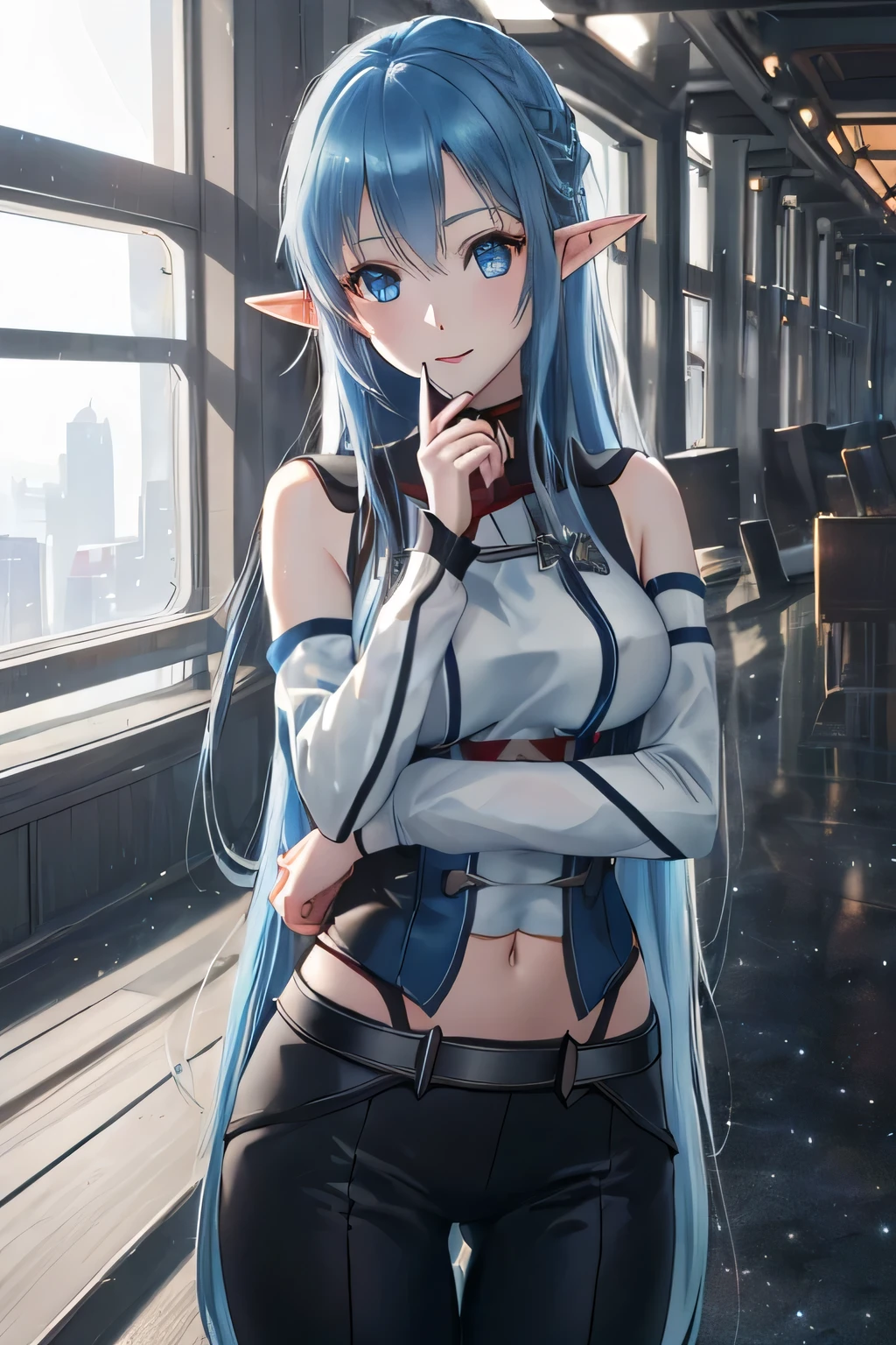close up 1girl in, photo of Asuna, Yuuki Asuna, Solo, (straight blue hair, very long blue hair, (blue eyes: 1.2), (perfect clear skin, pale skin, detailed skin, medium breasts, round breasts, perfect body, skinny, thin), (thin hips, thin waist: 1.25), neutral face, cute smile, elf ears, (she is wearing a red Starfleet uniform, lower decks cosplay, Comand uniform, black straight slacks:1.15), starship background, stars, (realistic photo, best quality, detailed), (8k wallpaper), (cinematic lighting, beautiful light, (day:1.3)) (sharp focus, intricate), (dslr, realistic, looking at viewer, sharp focus, delicate, soft colors, cinematic)