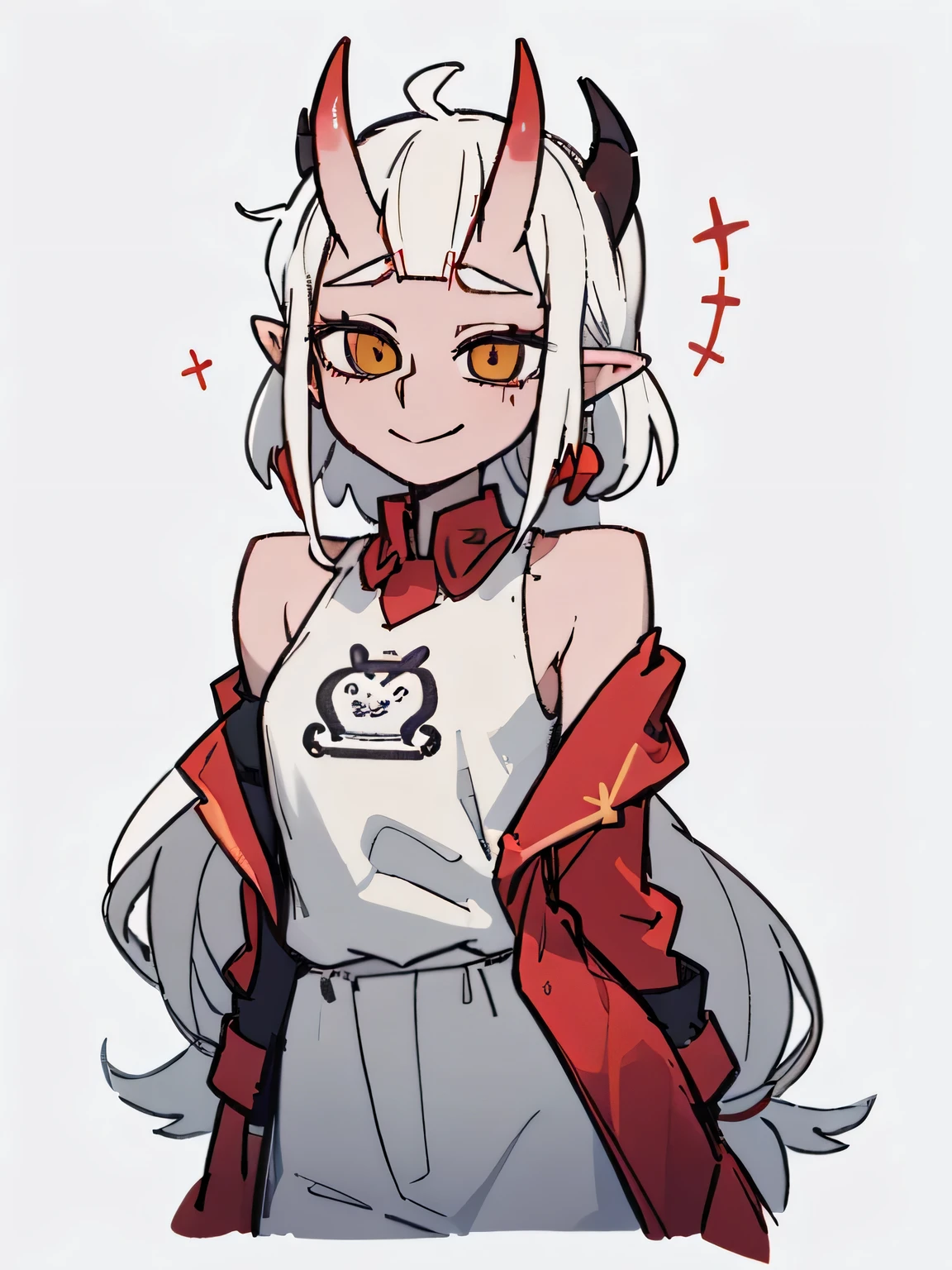 1 girl, Alone, (Ibaraki_doji), rubio, yellow eyes, oni horns, pointy ears, alternative costume, shirt, white shirt, (modern fashion), Oversized clothing, bottomless, bare shoulder, Off the shoulder, flat chest, forehead, ((arms behind the back)), hair accessories, smooth hair, big smile, presumed, upper body, standing, masterpiece, The best quality, 8K, beautiful