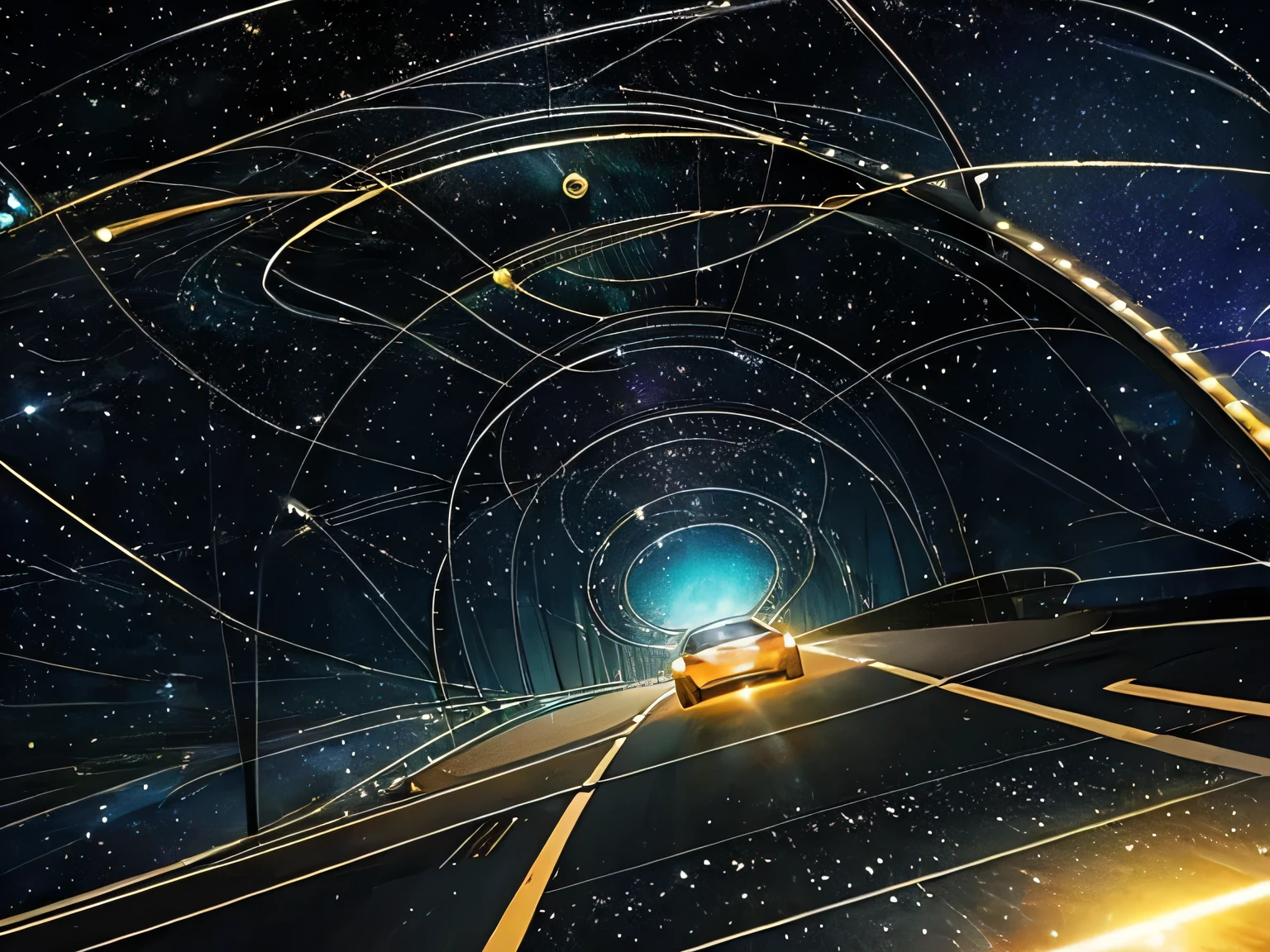 Car in space、Another-dimensional highway、Tunnel of Light、Traveling through a wormhole、Light streaming backwards、Top view