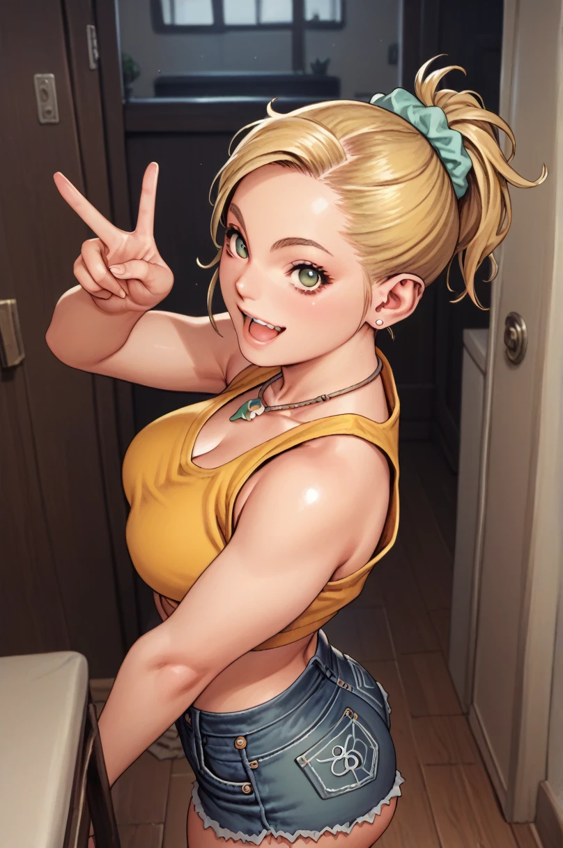 score_9, score_8_up, score_7_up, from side, large breasts, 1girl, looking at viewer, (blonde hair:1.5), green eyes, (Undercut hairstyle), crop top, high-waisted denim shorts, emphasizing the waist, scrunchie, layered beaded necklace, BREAK
imoksmokediningproject, room, v, smile, open mouth, from above, 