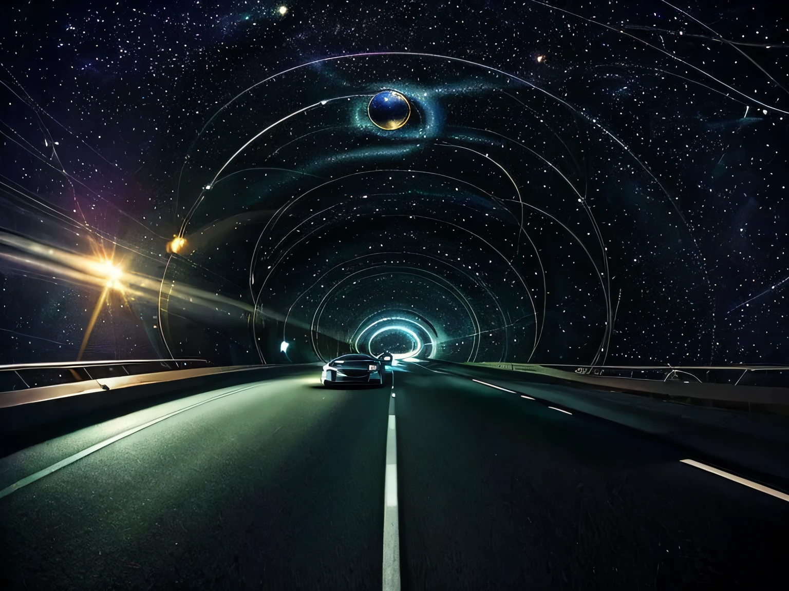 Car in space、Another-dimensional highway、Tunnel of Light、Traveling through a wormhole