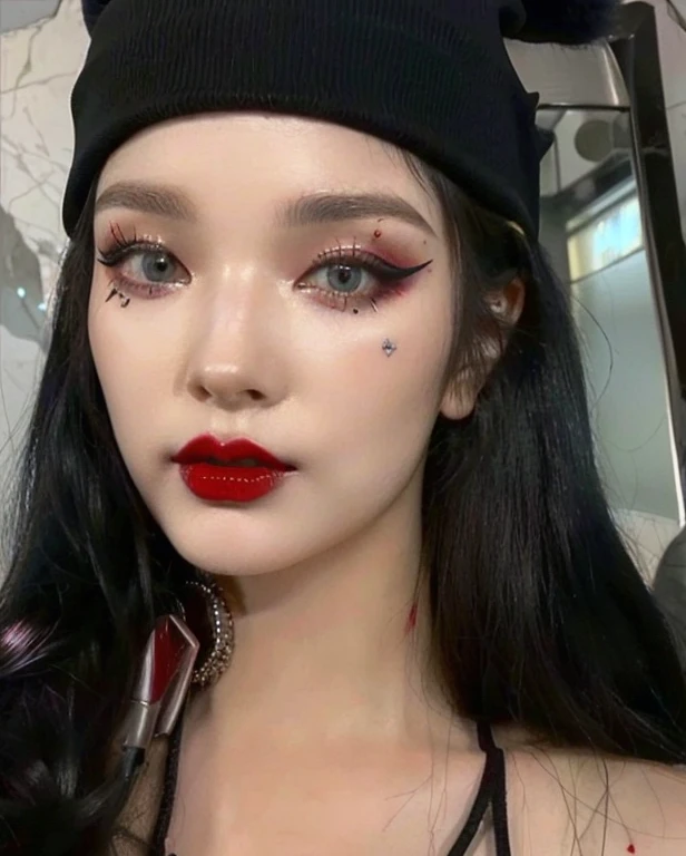 a close up of a woman with a black hat and red lipstick and blue like eyes, looks a blend of grimes, looks like a mix of grimes, she looks like a mix of grimes, goth makeup, resembling a mix of grimes, wearing goth makeup, pop makeup style, red and black tones, goth girl aesthetic, sexy face with full makeup, goth aesthetic, cyberpunk makeup