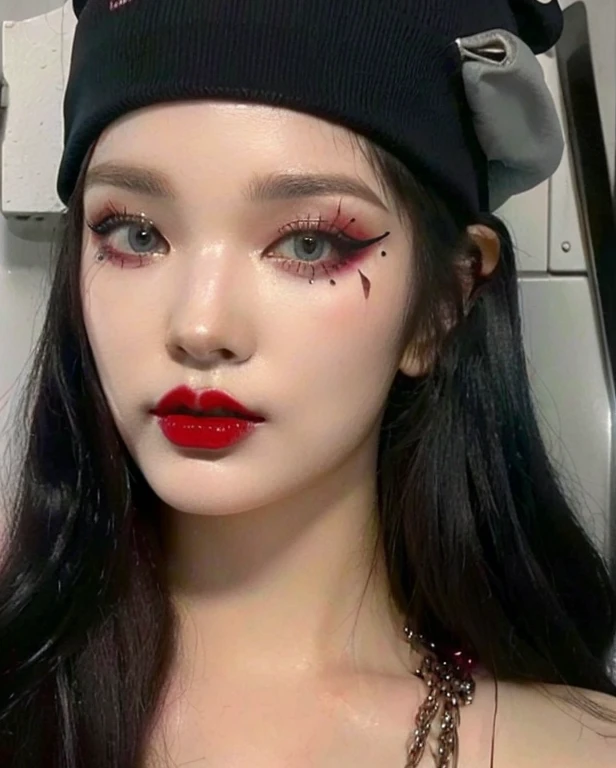 a close up of a woman with a black hat and red lipstick and blue like eyes, looks a blend of grimes, looks like a mix of grimes, she looks like a mix of grimes, goth makeup, resembling a mix of grimes, wearing goth makeup, pop makeup style, red and black tones, goth girl aesthetic, sexy face with full makeup, goth aesthetic, cyberpunk makeup