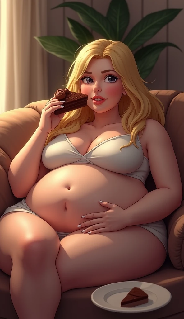 Blonde, thick thights, wide ass, small waist, chubby belly, eating icecream on the beach
She's got a round and soft belly