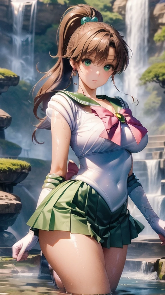 (((masterpiece))), (((High resolution)))、(((8K quality)))、(((Perfect Face)))、 , Looking into the camera, ((最high qualityの目)), (Detailed face), (Detailed Texture), Sailor Jupiter Cosplay Costume、One Girl, Alone, High resolution, Anatomically correct, 最high quality,Please draw the whole body 、My breasts are a little small、White long gloves、Green Skirt、(((By the waterfall、On my knees、Soaking wet)))、One Girl, Alone, High resolution, Anatomically correct, 最high quality, High resolution, masterpiece, Accurate, 最high quality, Very detailed, 超High resolution, Textured skin, high quality, High resolutionモデル, 