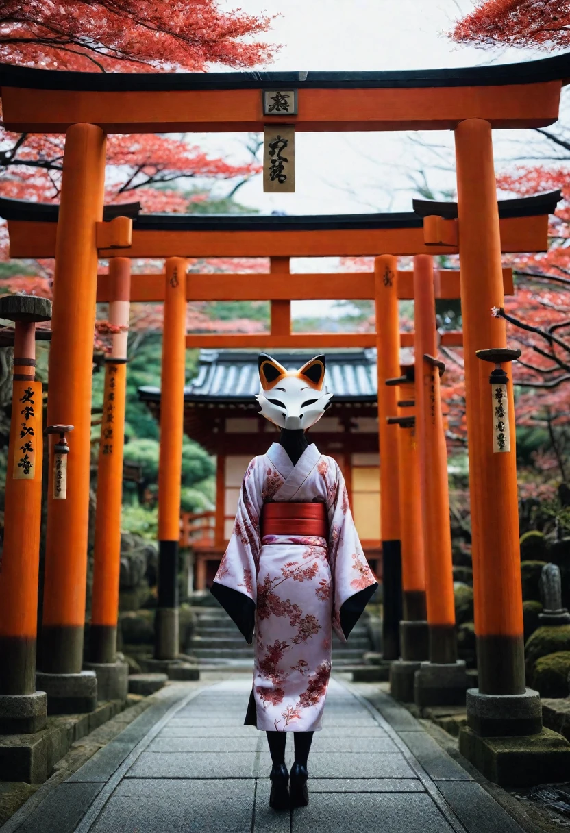 Photorealistic, High resolution、fear、Horror、night、An image has been created of a female android wearing a kimono dress and a fox mask strolling through a shrine in Kyoto。The style is terrible too.、人間とrobotのFusionは美しさの中に神秘的でSpooky atmosphereがある。There is a torii gate in the background、There is a shrine in Kyoto。Holding a Long neck made of machinery、Wearing a fox mask。Imagine a strange and creepy photo - Al 9:16。 Spooky atmosphere、Fusion、Horror、Japanese cityscape、Long neck、robot、At 6 o&#39;clock