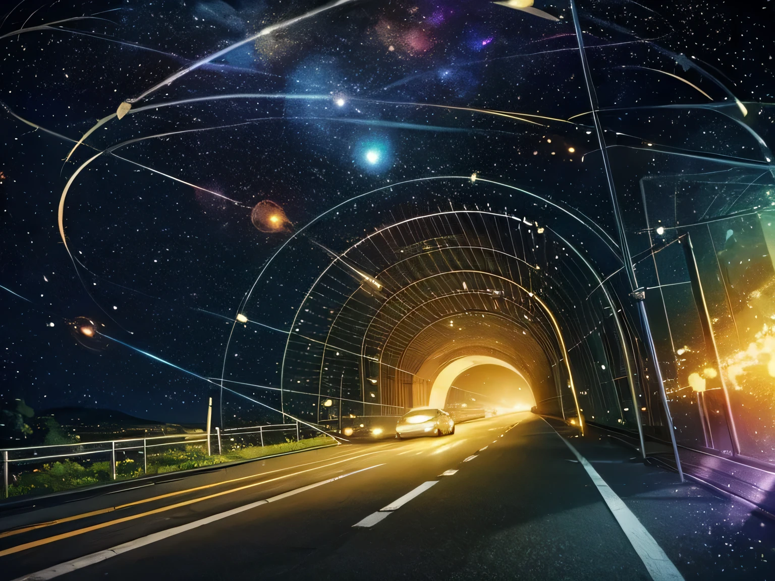 universe space、Another-dimensional highway、Cars moving through a tunnel of light