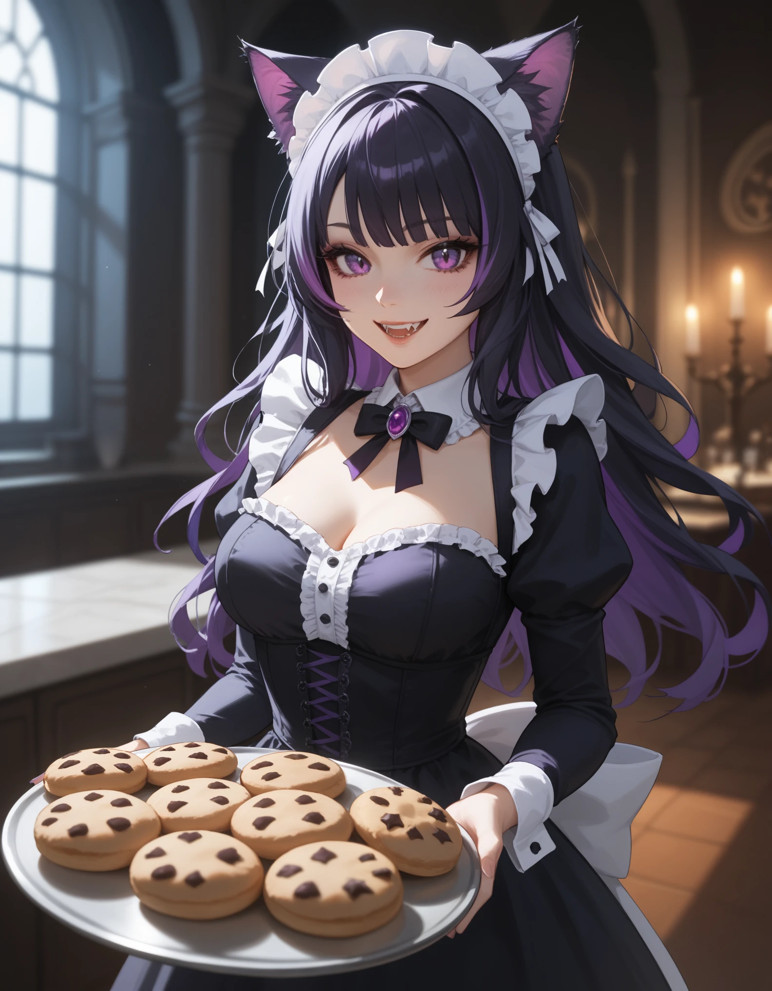 score_9, score_8_up, score_7_up, 1girl, solo, close-up portrait, vampire catgirl ,deep violet eyes, long wavy black hair with purple highlights, sly smile, black and violet gothic maid dress with a checkered pattern, (offering a platter of cookies). Gothic mansion room, dark lighting, spooky aesthetic.