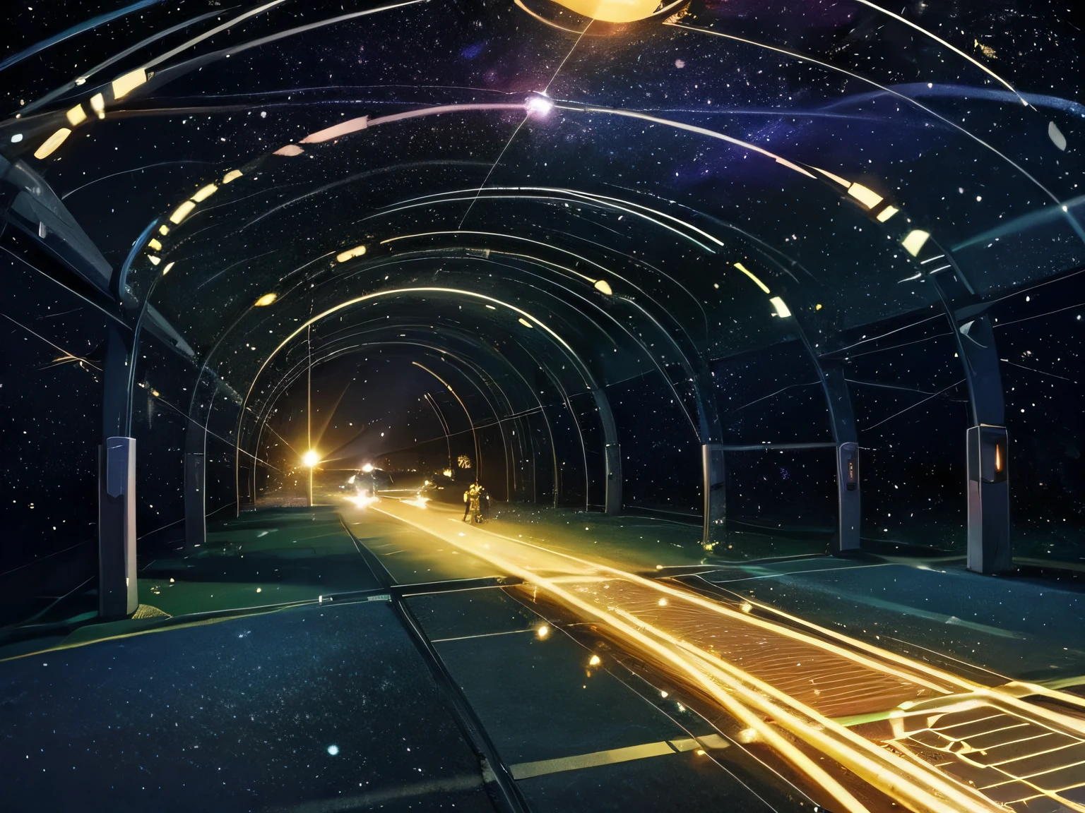 universe space、Another-dimensional highway、Tunnel of Light、Car travelling through a wormhole