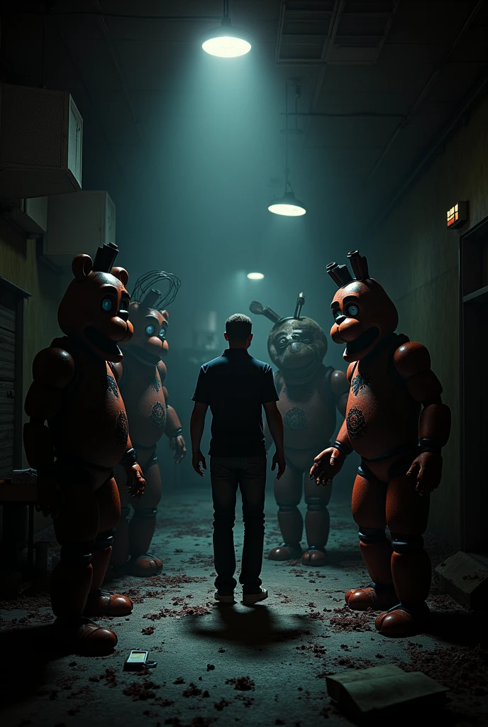 Hugh Wagh staring at FNAF's Frady in a dark hallway