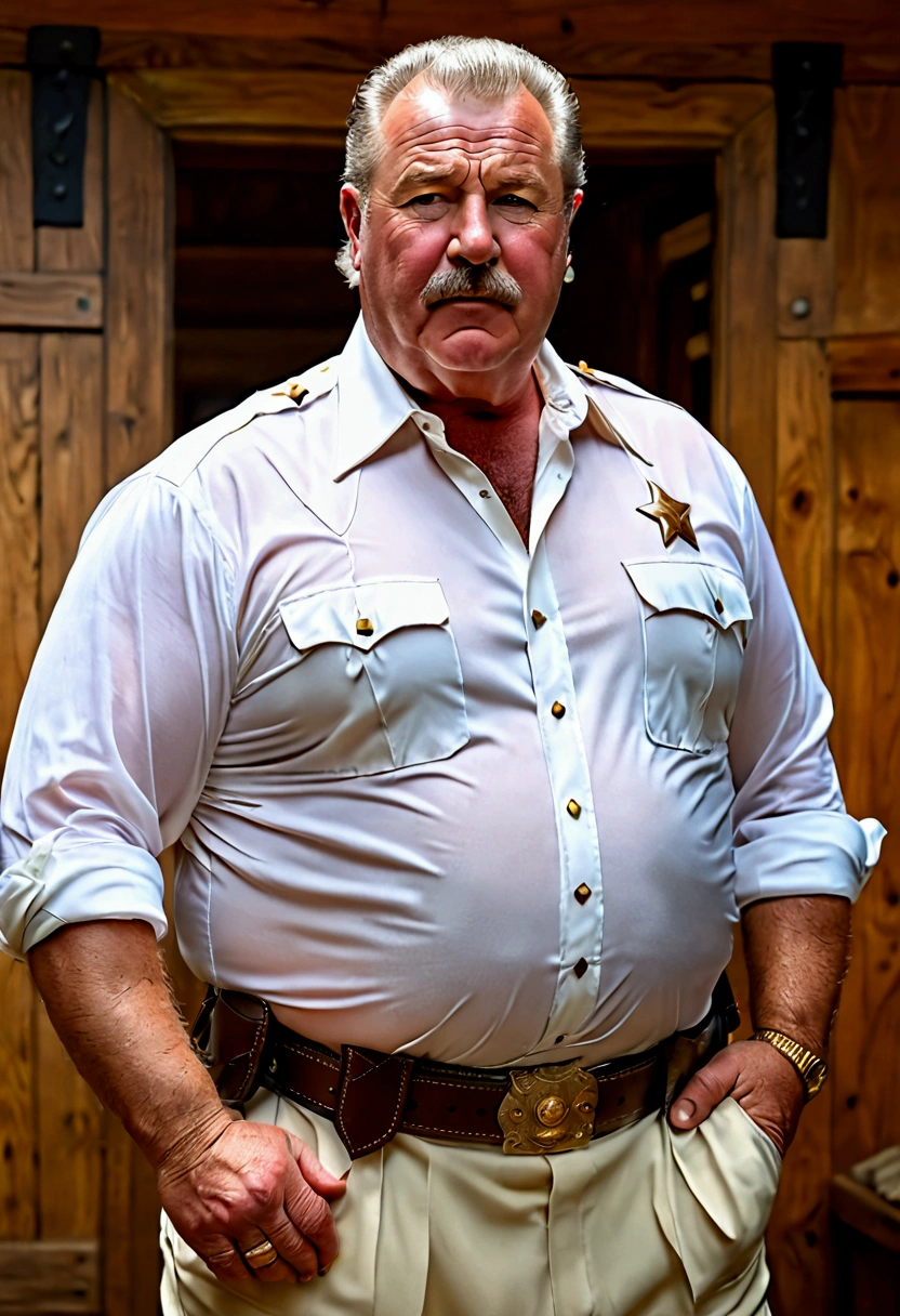 (best quality,4k,8k,highres,masterpiece:1.2), age 60, white man sheriff , horny disgusting, muscular chubby, kind, open silk shirt, mature daddy, Dress Pants with big bulge, hairy chest small nipple, bearish belly, belt, loafer