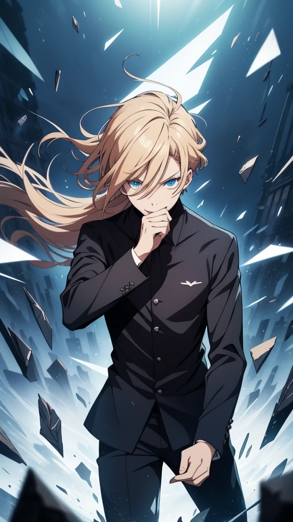 (high-quality, breathtaking),(expressive eyes, perfect face) 1boy, male, solo, teenager, satoru gojo hairstyle, strawberry blonde hair color, flowy floating hair, bright blue eye color, short hair length, looking at viewer, half body, ((crazy open mouth smile with fangs)), (extremely happy) dark black blue long sleeved shirt, collared shirt, ((dark black blue dress pants)), jujutsu kaisen uniform, jujutsu high school uniform, flowy hair, , portrait, stylized hairstyle, (Activating domain expansion), (floating hair), character focus, ((black light)),((dark lighting)), cinematic lighting ,(darkness), (concept art), (glowing eyes), high resolution, extremely detailed CG unity 8k wallpaper, ((masterpiece)), ((top-quality)), (beautiful illustration), (sky scrapper windows background), (busting out of a skyscrapper background) (In the sky background) (breaking glass background), (glass shards flying towards camera) (Falling pose)