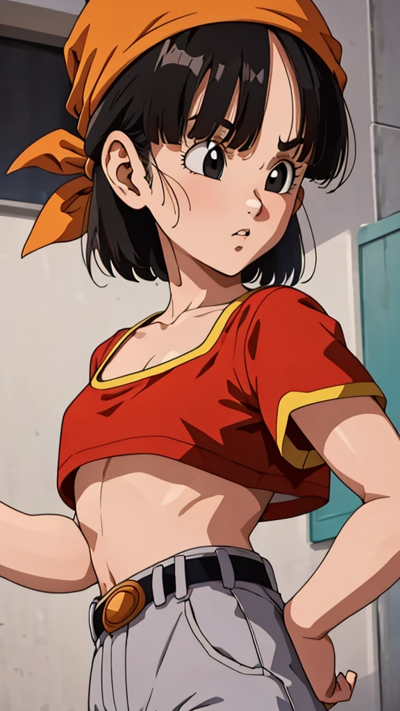 (masterpiece, best quality), 1girl,  pan,1girl,solo,black eyes,bangs,black hair,short hair,bandana, red shirt,crop top,midriff,belt,gray pants,