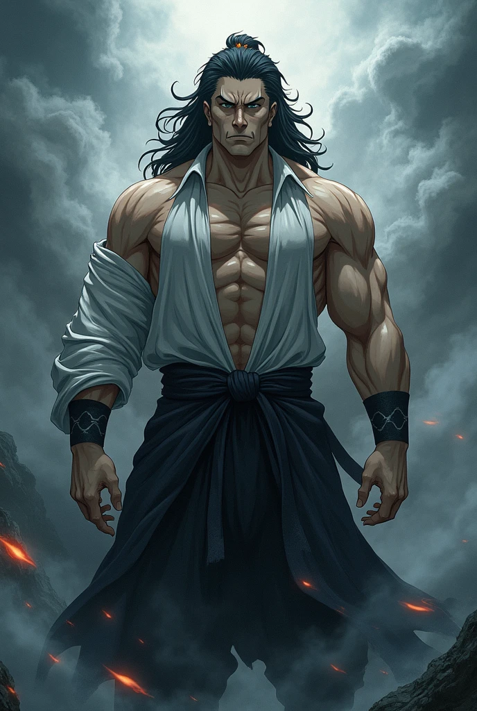 My Hero Academia, male gender body equal in width to Gojo from jujutsu kaisen but with yoruichi kny's hair