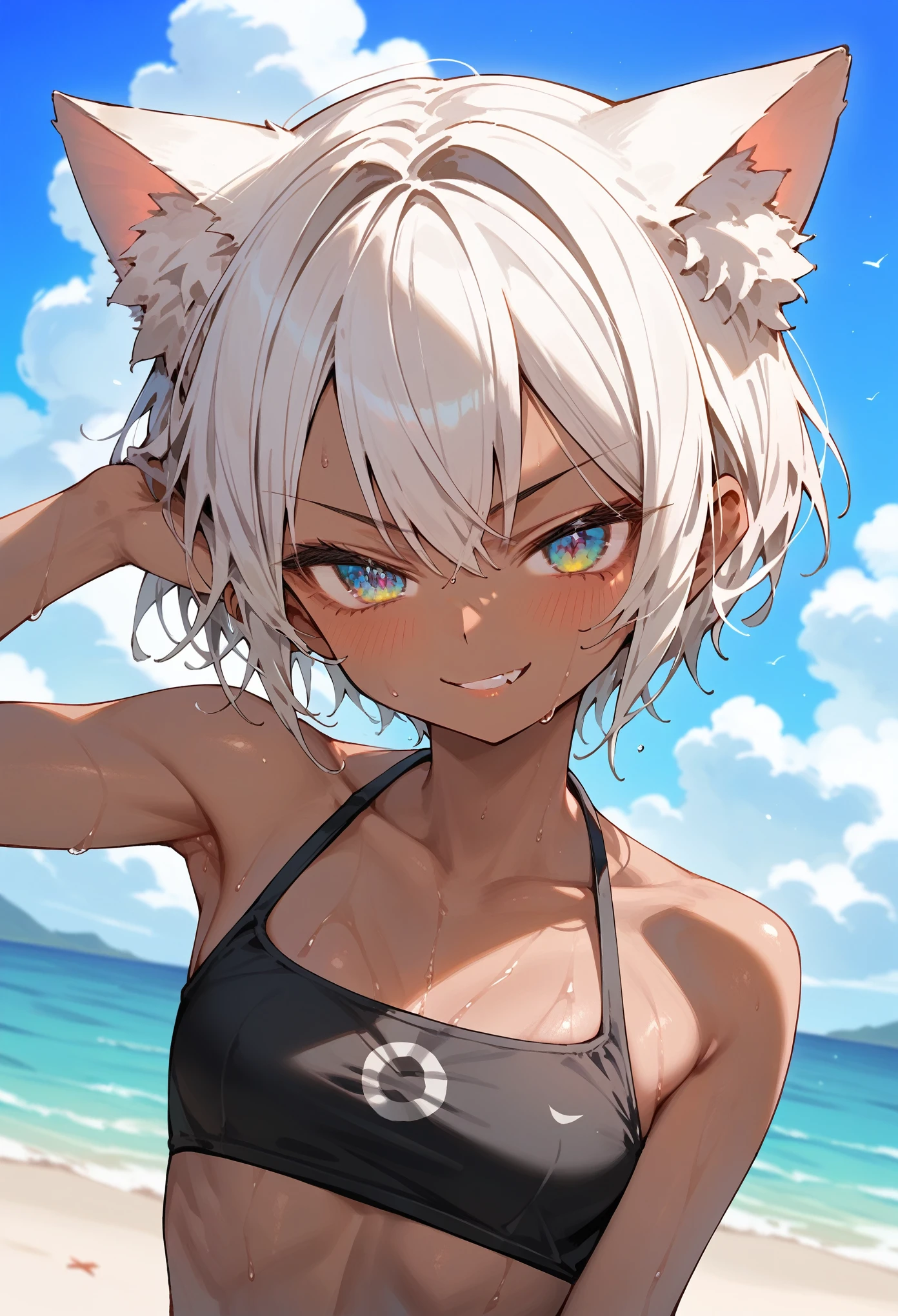 nudist, no clothes, Kuki Shinobu from genshin impact laying on the nudist beach, perfect body, cute face, sunny day, water, shells, cluttered