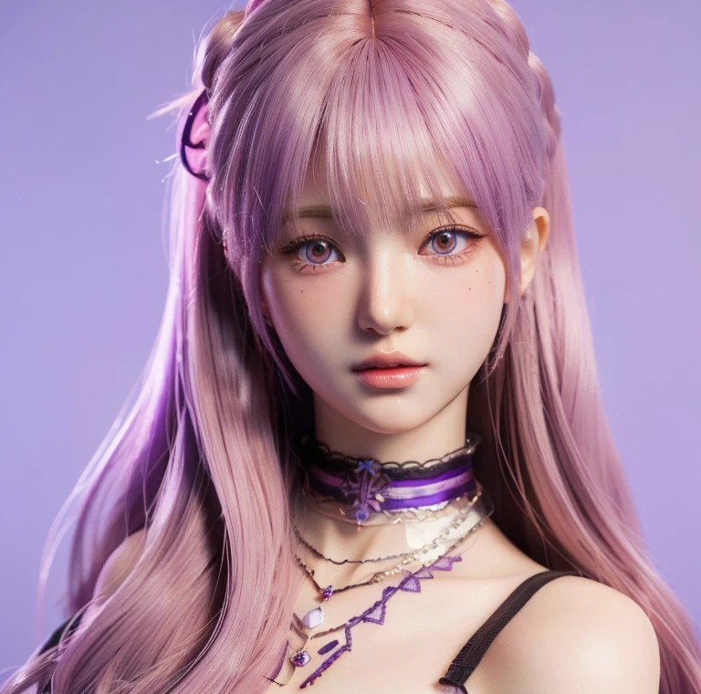 a close up of a doll with long hair and a choke and purple eyes, realistic anime 3 d style, anime styled 3d, render of a cute 3d anime girl, photorealistic anime girl render, 3 d anime realistic, 8k high quality detailed art, 3d anime girl, kawaii realistic portrait, realistic young anime girl, 8k portrait render, anime style. 8k