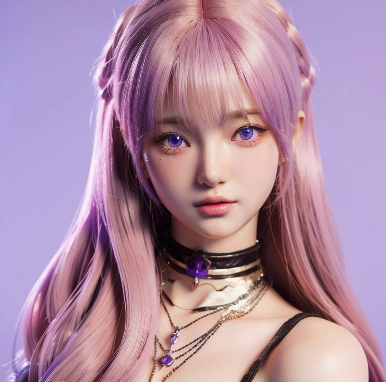 a close up of a doll with long hair and a choke and purple eyes, realistic anime 3 d style, anime styled 3d, render of a cute 3d anime girl, photorealistic anime girl render, 3 d anime realistic, 8k high quality detailed art, 3d anime girl, kawaii realistic portrait, realistic young anime girl, 8k portrait render, anime style. 8k