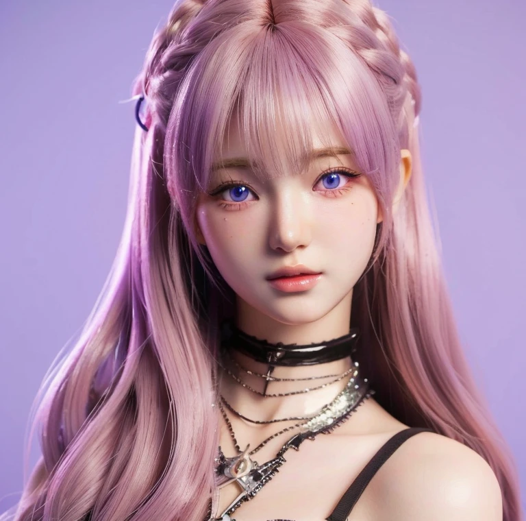 a close up of a doll with long hair and a choke and purple eyes, realistic anime 3 d style, anime styled 3d, render of a cute 3d anime girl, photorealistic anime girl render, 3 d anime realistic, 8k high quality detailed art, 3d anime girl, kawaii realistic portrait, realistic young anime girl, 8k portrait render, anime style. 8k