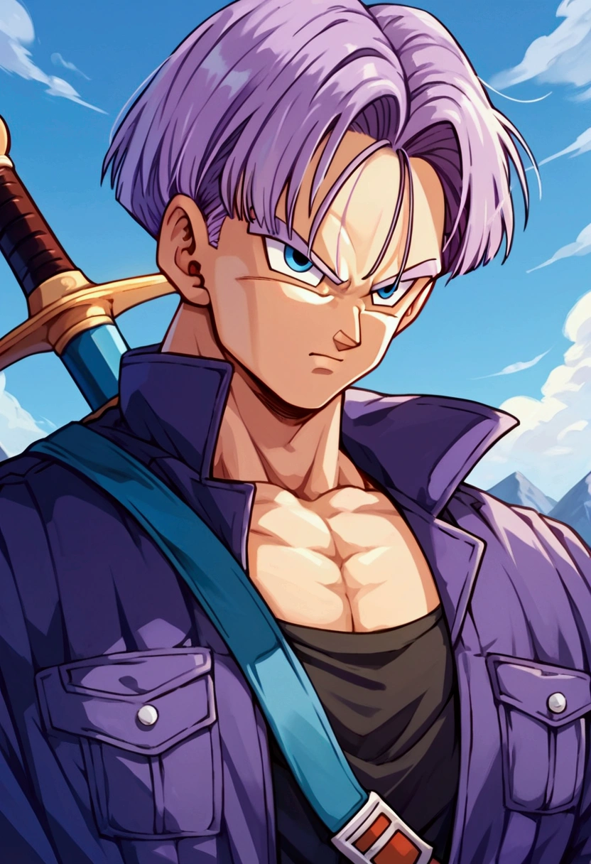 Trunks, purple jacket, black muscle shirt underneath, black pants, sword on the back, blue eyes, black pupil, purple hair, yellow shoes with black tips, mountain landscape, thin arms, thin jacket, focus face, detailed face, ultra detailed(Score_9,Score_8_up,Score_7_up), source_anime, best quality, masterpiece, anime, __prompt__,