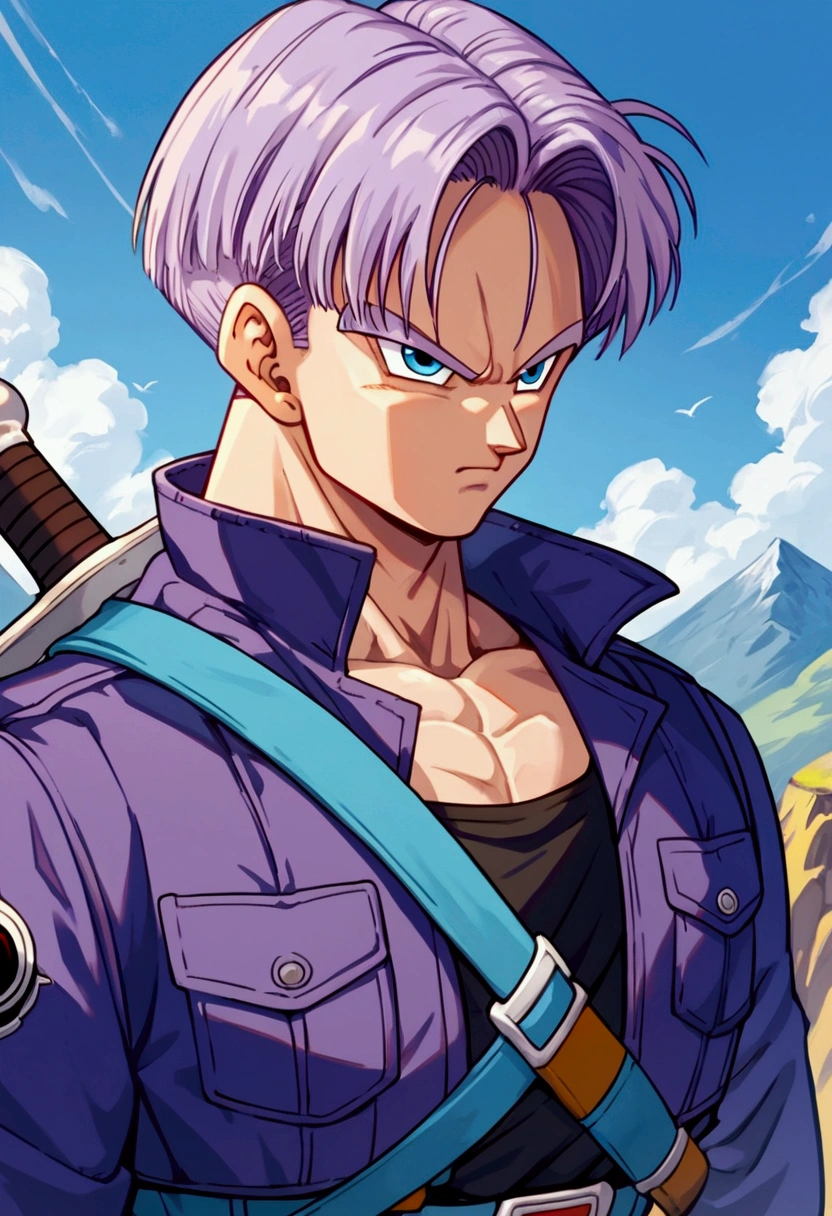 Trunks, purple jacket, black muscle shirt underneath, black pants, sword on the back, blue eyes, black pupil, purple hair, yellow shoes with black tips, mountain landscape, thin arms, thin jacket, focus face, detailed face, ultra detailed(Score_9,Score_8_up,Score_7_up), source_anime, best quality, masterpiece, anime, __prompt__,