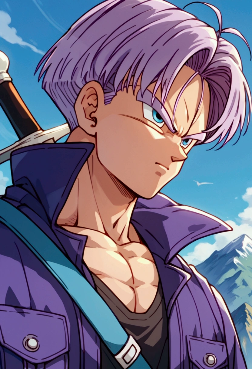 Trunks, purple jacket, black muscle shirt underneath, black pants, sword on the back, blue eyes, black pupil, purple hair, yellow shoes with black tips, mountain landscape, thin arms, thin jacket, focus face, detailed face, ultra detailed(Score_9,Score_8_up,Score_7_up), source_anime, best quality, masterpiece, anime, __prompt__,